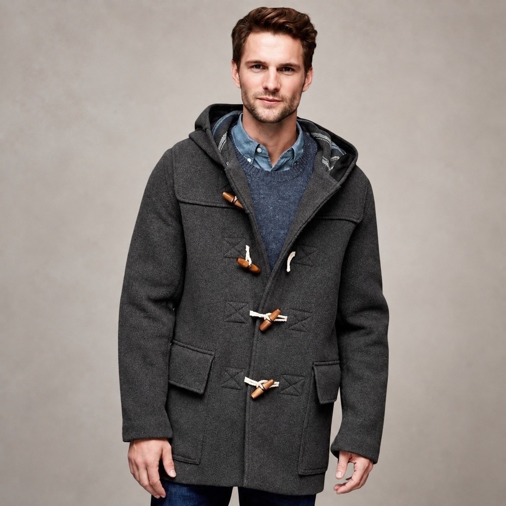 Gap Wool Duffle Coat XXL Charcoal Grey Hooded Wooden Toggle Button Winter Jacket